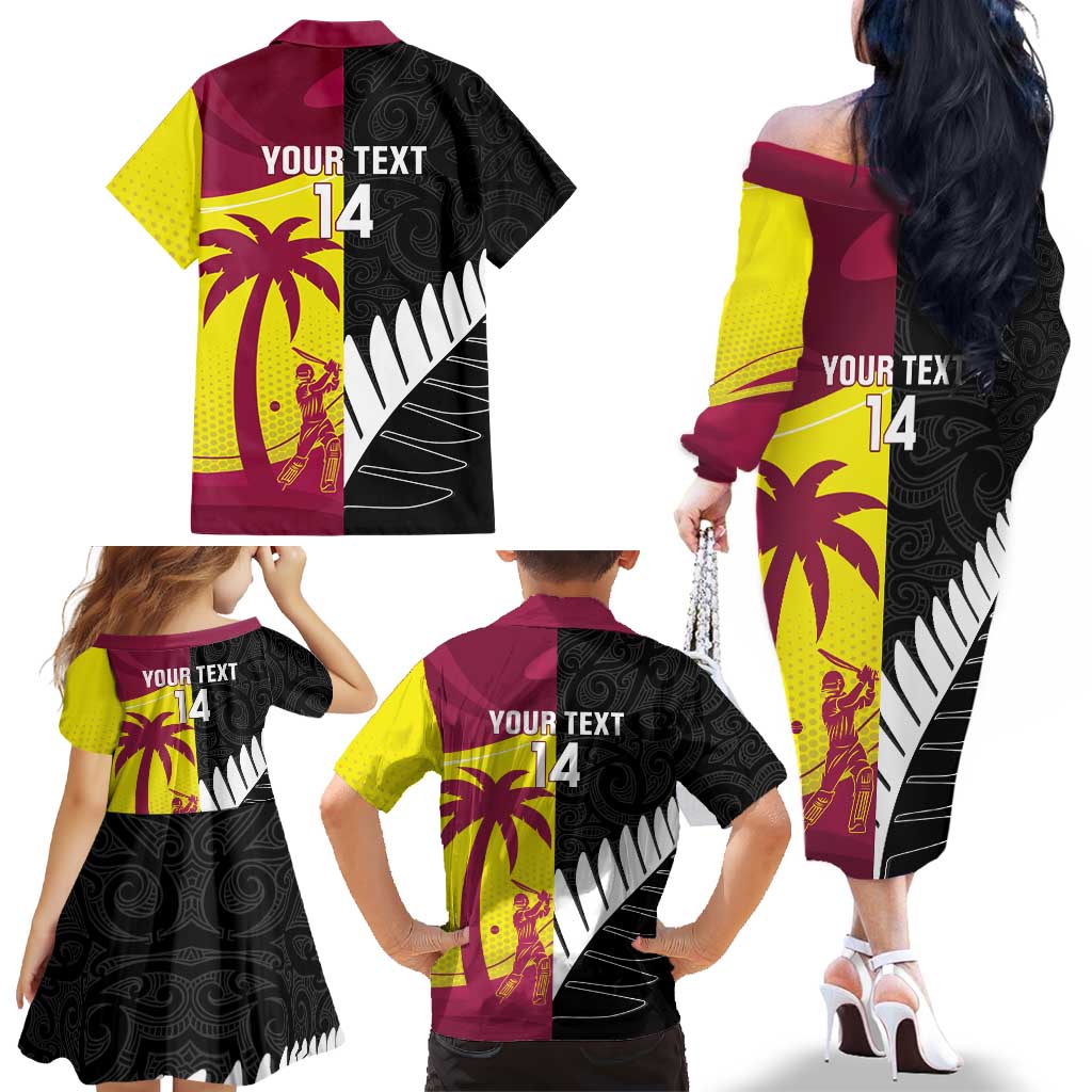 New Zealand and West Indies Cricket Custom Family Matching Off The Shoulder Long Sleeve Dress and Hawaiian Shirt Black Cap Windies Together - Aussie Hoodie