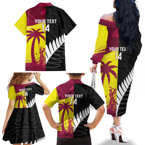 New Zealand and West Indies Cricket Custom Family Matching Off The Shoulder Long Sleeve Dress and Hawaiian Shirt Black Cap Windies Together - Aussie Hoodie