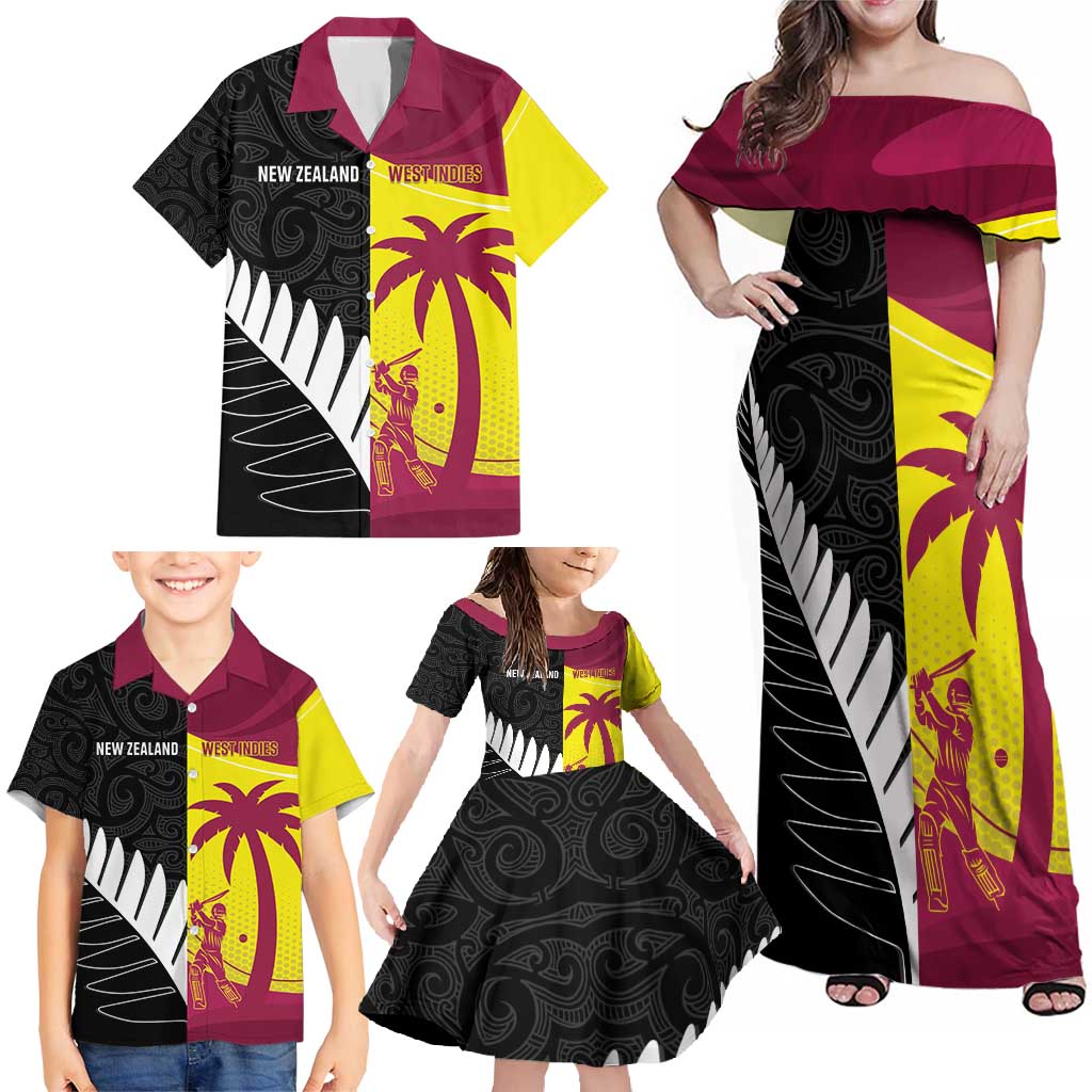 New Zealand and West Indies Cricket Custom Family Matching Off Shoulder Maxi Dress and Hawaiian Shirt Black Cap Windies Together - Aussie Hoodie