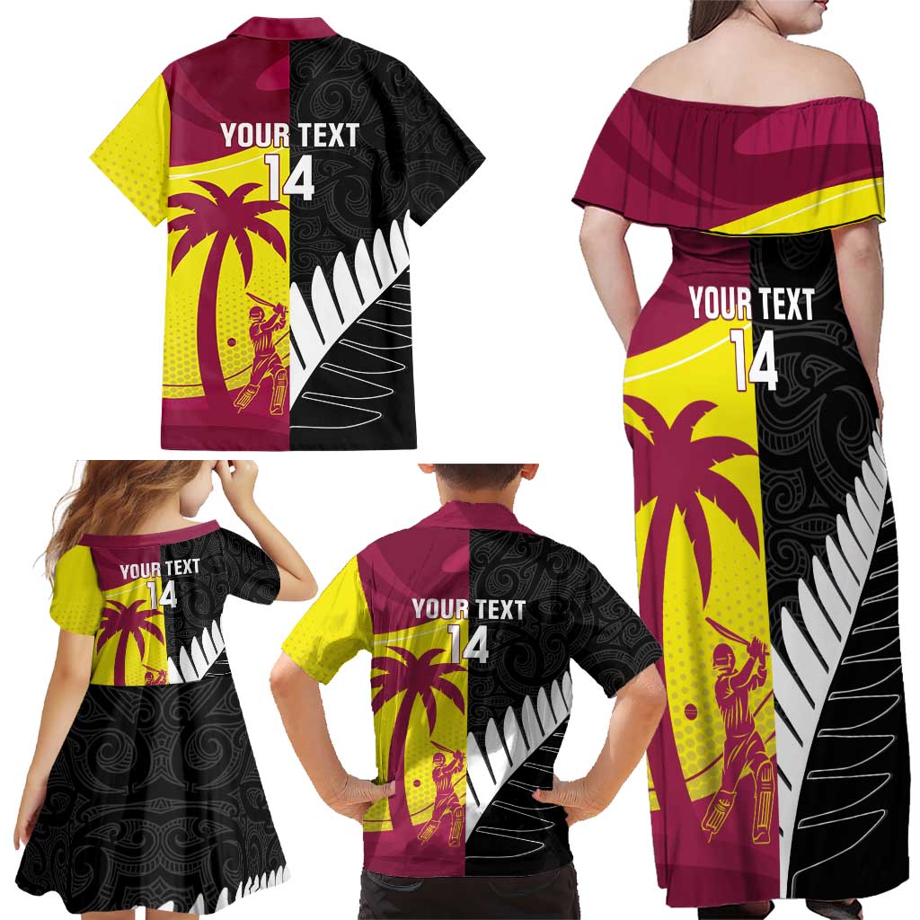 New Zealand and West Indies Cricket Custom Family Matching Off Shoulder Maxi Dress and Hawaiian Shirt Black Cap Windies Together - Aussie Hoodie