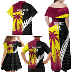 New Zealand and West Indies Cricket Custom Family Matching Off Shoulder Maxi Dress and Hawaiian Shirt Black Cap Windies Together - Aussie Hoodie