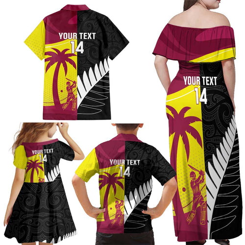 New Zealand and West Indies Cricket Custom Family Matching Off Shoulder Maxi Dress and Hawaiian Shirt Black Cap Windies Together - Aussie Hoodie