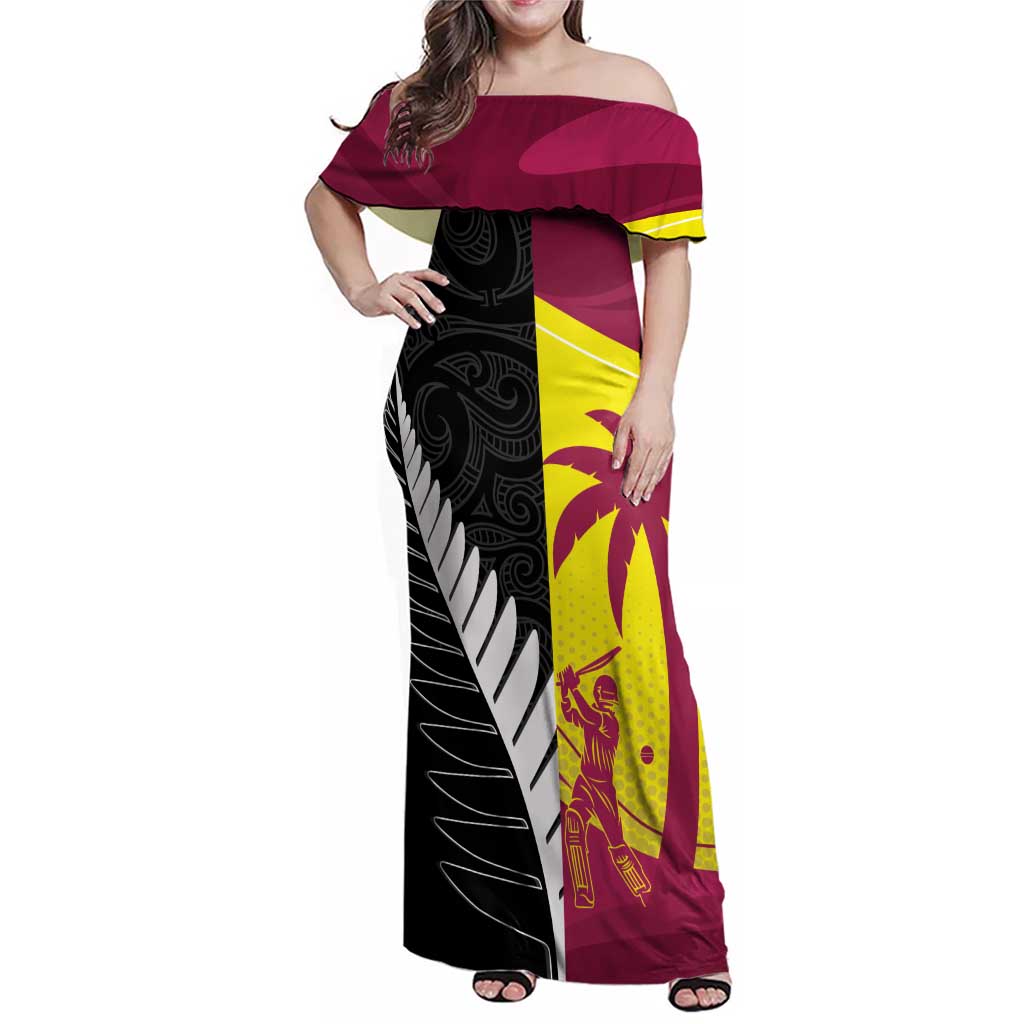 New Zealand and West Indies Cricket Custom Family Matching Off Shoulder Maxi Dress and Hawaiian Shirt Black Cap Windies Together - Aussie Hoodie