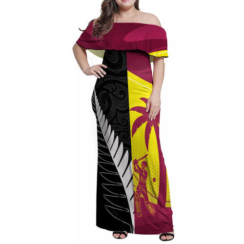 New Zealand and West Indies Cricket Custom Family Matching Off Shoulder Maxi Dress and Hawaiian Shirt Black Cap Windies Together - Aussie Hoodie