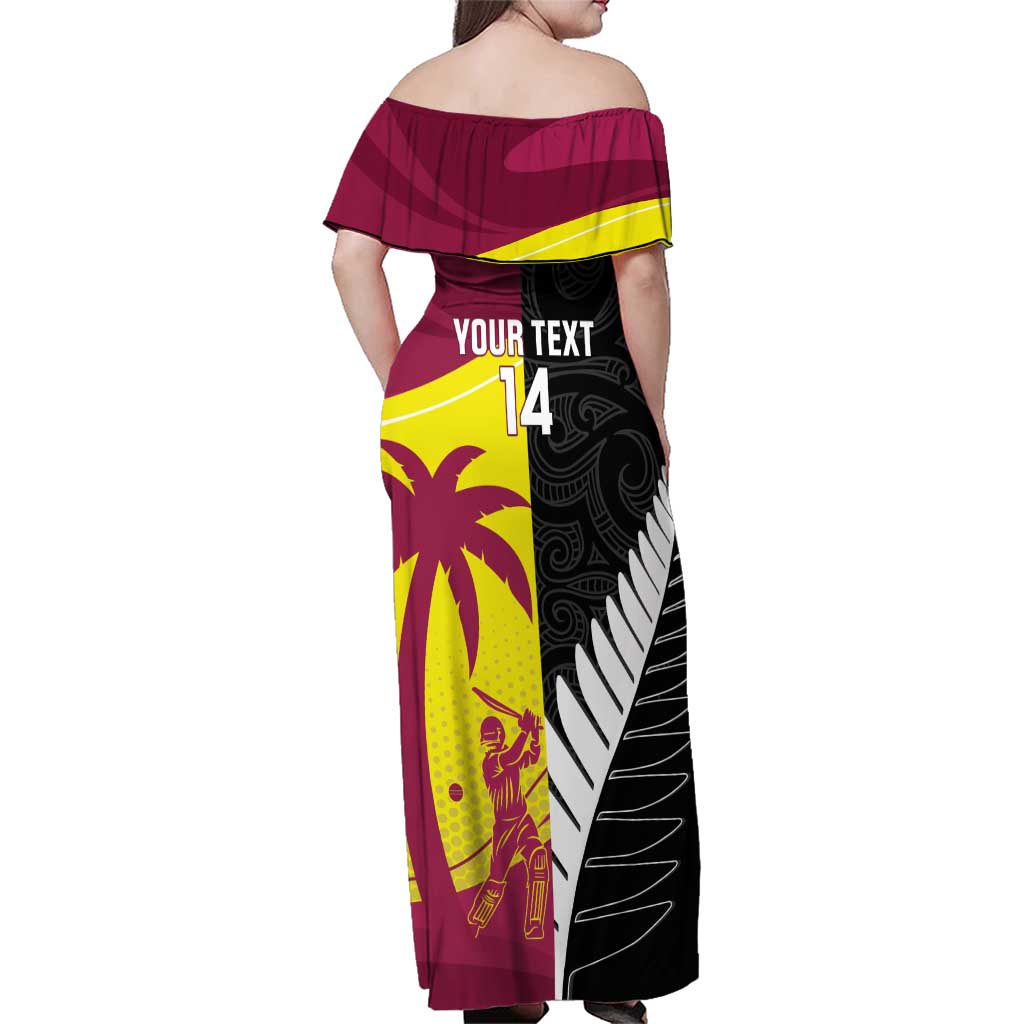 New Zealand and West Indies Cricket Custom Family Matching Off Shoulder Maxi Dress and Hawaiian Shirt Black Cap Windies Together - Aussie Hoodie