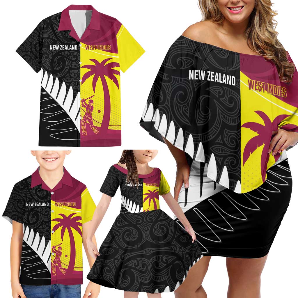 New Zealand and West Indies Cricket Custom Family Matching Off Shoulder Short Dress and Hawaiian Shirt Black Cap Windies Together - Aussie Hoodie