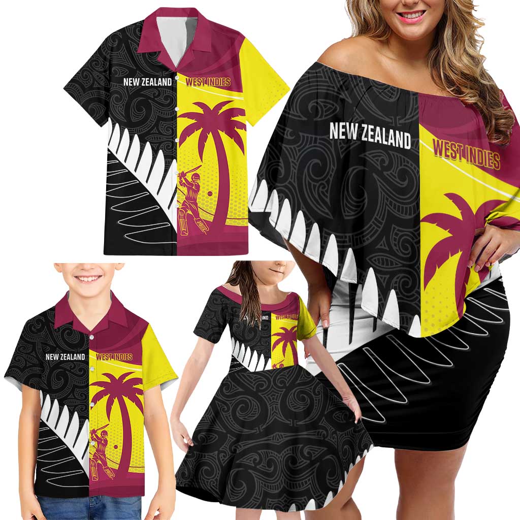 New Zealand and West Indies Cricket Custom Family Matching Off Shoulder Short Dress and Hawaiian Shirt Black Cap Windies Together - Aussie Hoodie