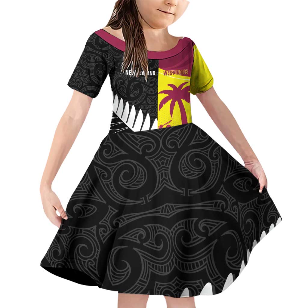 New Zealand and West Indies Cricket Custom Family Matching Off Shoulder Short Dress and Hawaiian Shirt Black Cap Windies Together - Aussie Hoodie