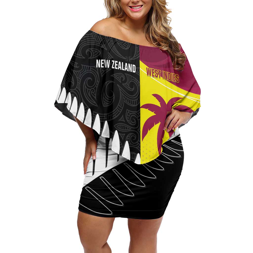 New Zealand and West Indies Cricket Custom Family Matching Off Shoulder Short Dress and Hawaiian Shirt Black Cap Windies Together - Aussie Hoodie