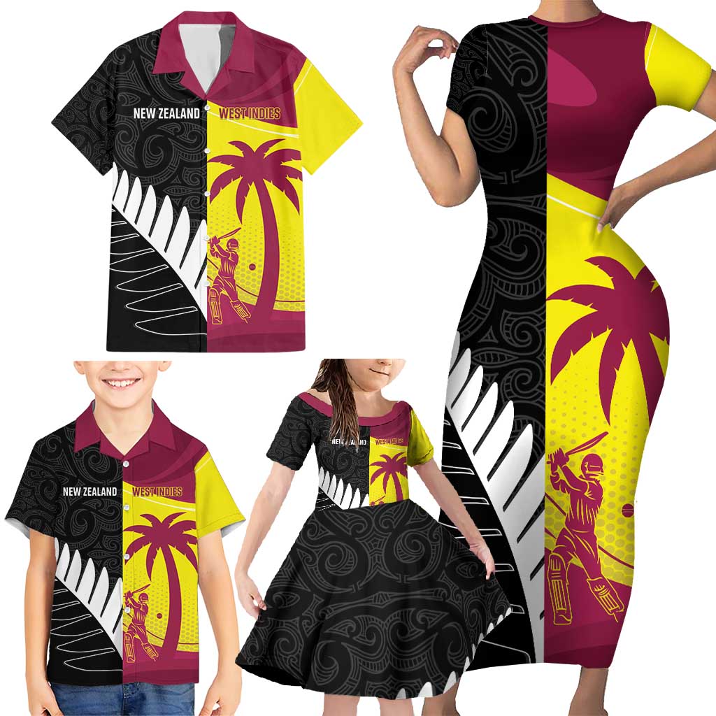 New Zealand and West Indies Cricket Custom Family Matching Short Sleeve Bodycon Dress and Hawaiian Shirt Black Cap Windies Together - Aussie Hoodie