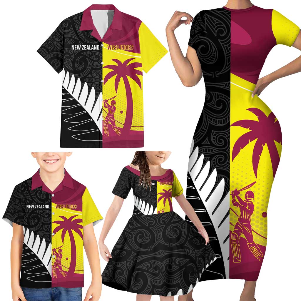 New Zealand and West Indies Cricket Custom Family Matching Short Sleeve Bodycon Dress and Hawaiian Shirt Black Cap Windies Together - Aussie Hoodie