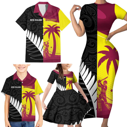 New Zealand and West Indies Cricket Custom Family Matching Short Sleeve Bodycon Dress and Hawaiian Shirt Black Cap Windies Together - Aussie Hoodie