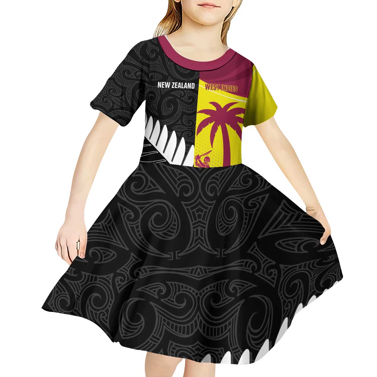 New Zealand and West Indies Cricket Custom Kid Short Sleeve Dress Black Cap Windies Together - Aussie Hoodie