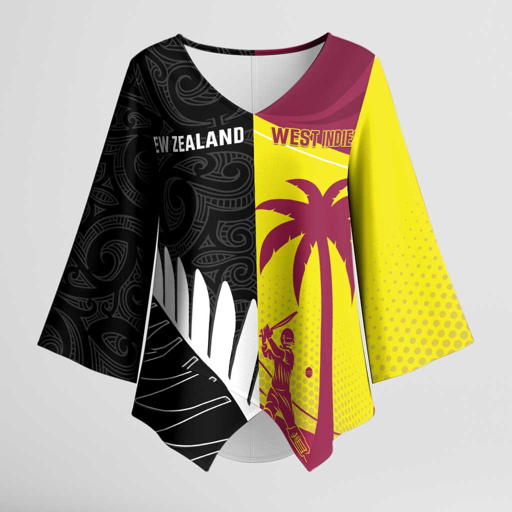 New Zealand and West Indies Cricket Custom Kimono Sleeve Blouse Black Cap Windies Together - Aussie Hoodie