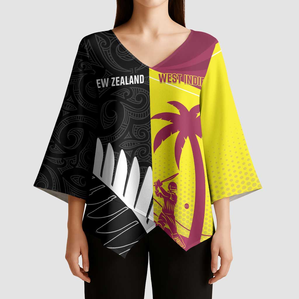 New Zealand and West Indies Cricket Custom Kimono Sleeve Blouse Black Cap Windies Together - Aussie Hoodie