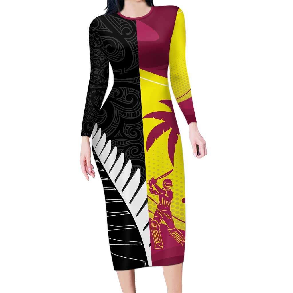 New Zealand and West Indies Cricket Custom Long Sleeve Bodycon Dress Black Cap Windies Together - Aussie Hoodie