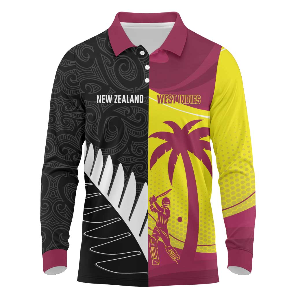 New Zealand and West Indies Cricket Custom Long Sleeve Polo Shirt Black Cap Windies Together - Aussie Hoodie