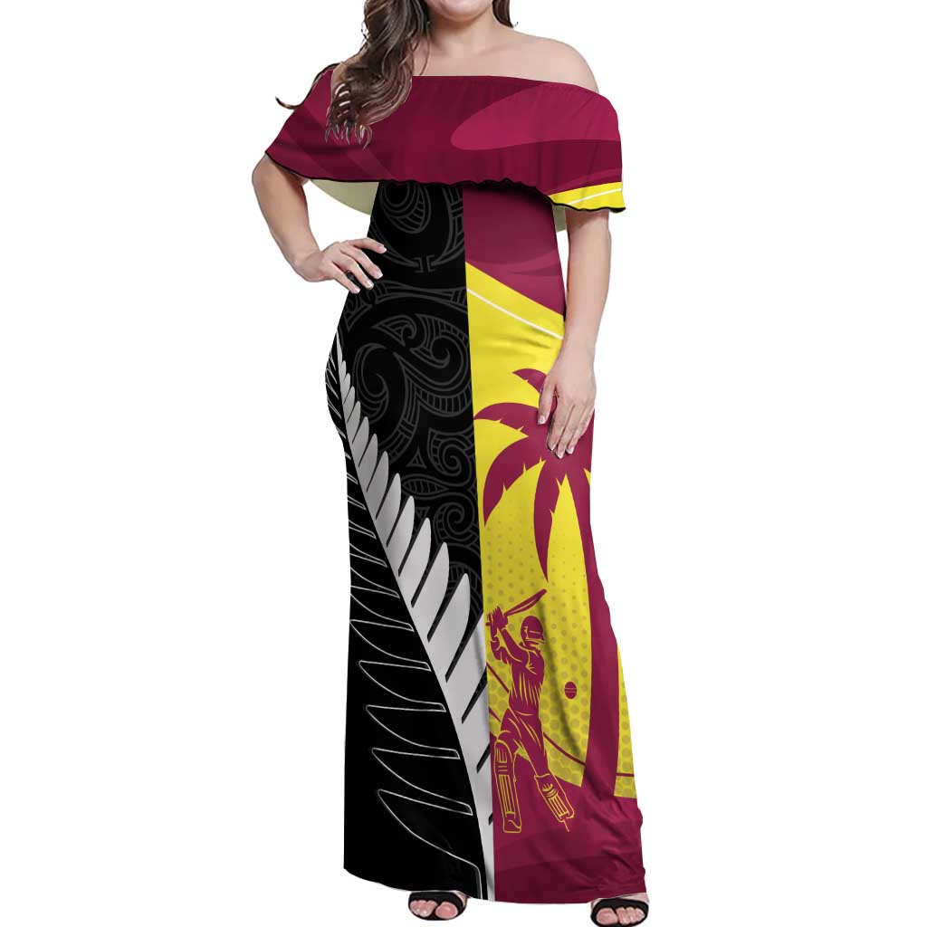 New Zealand and West Indies Cricket Custom Off Shoulder Maxi Dress Black Cap Windies Together - Aussie Hoodie
