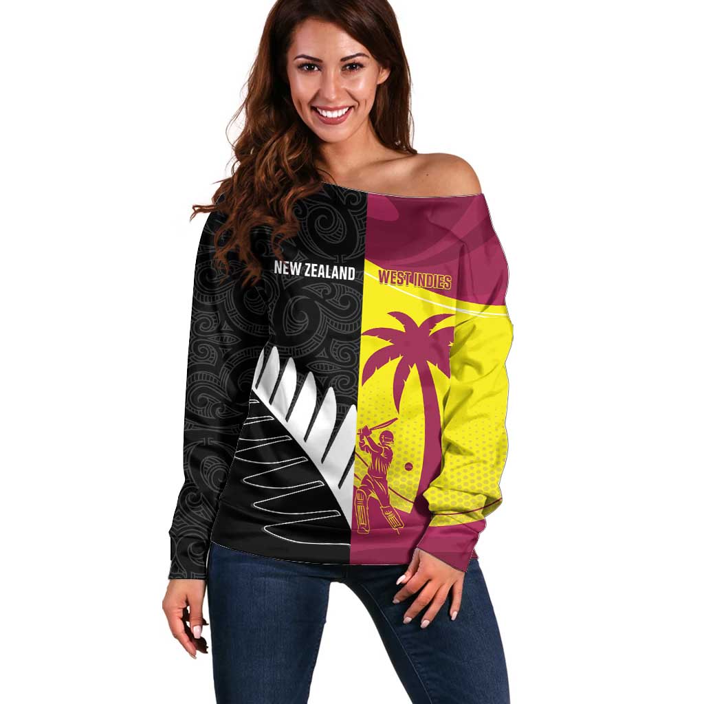 New Zealand and West Indies Cricket Custom Off Shoulder Sweater Black Cap Windies Together - Aussie Hoodie