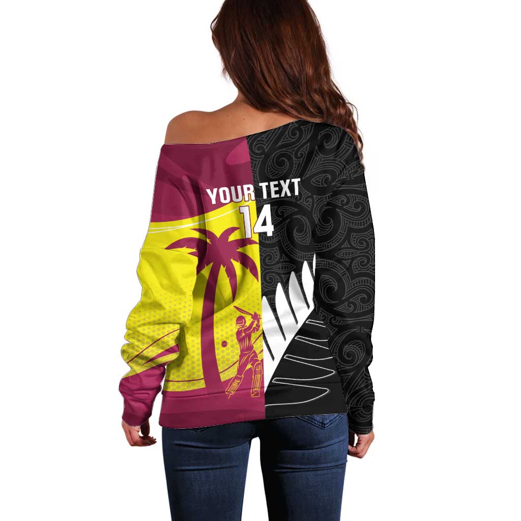 New Zealand and West Indies Cricket Custom Off Shoulder Sweater Black Cap Windies Together - Aussie Hoodie