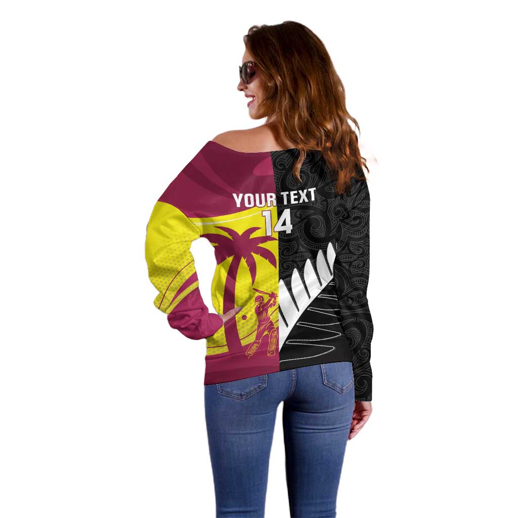 New Zealand and West Indies Cricket Custom Off Shoulder Sweater Black Cap Windies Together - Aussie Hoodie