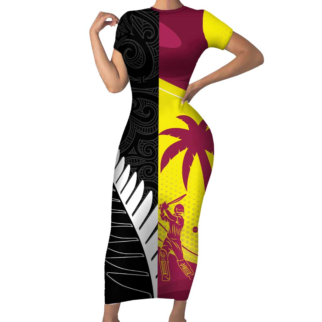 New Zealand and West Indies Cricket Custom Short Sleeve Bodycon Dress Black Cap Windies Together - Aussie Hoodie
