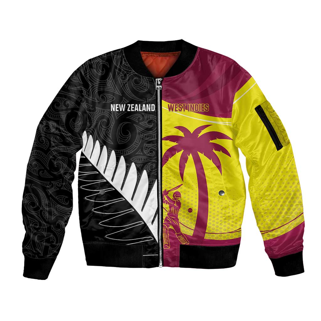 New Zealand and West Indies Cricket Custom Sleeve Zip Bomber Jacket Black Cap Windies Together - Aussie Hoodie