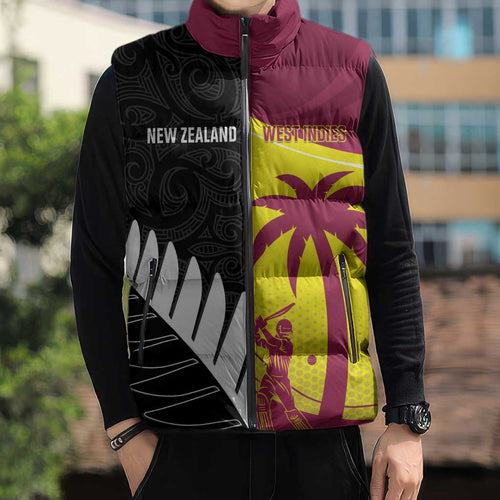 New Zealand and West Indies Cricket Custom Sleeveless Puffer Jacket Black Cap Windies Together - Aussie Hoodie