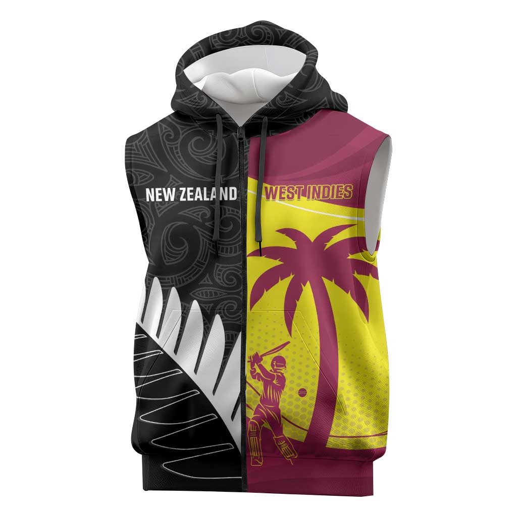 New Zealand and West Indies Cricket Custom Sleeveless Zip Hoodie Black Cap Windies Together LT14