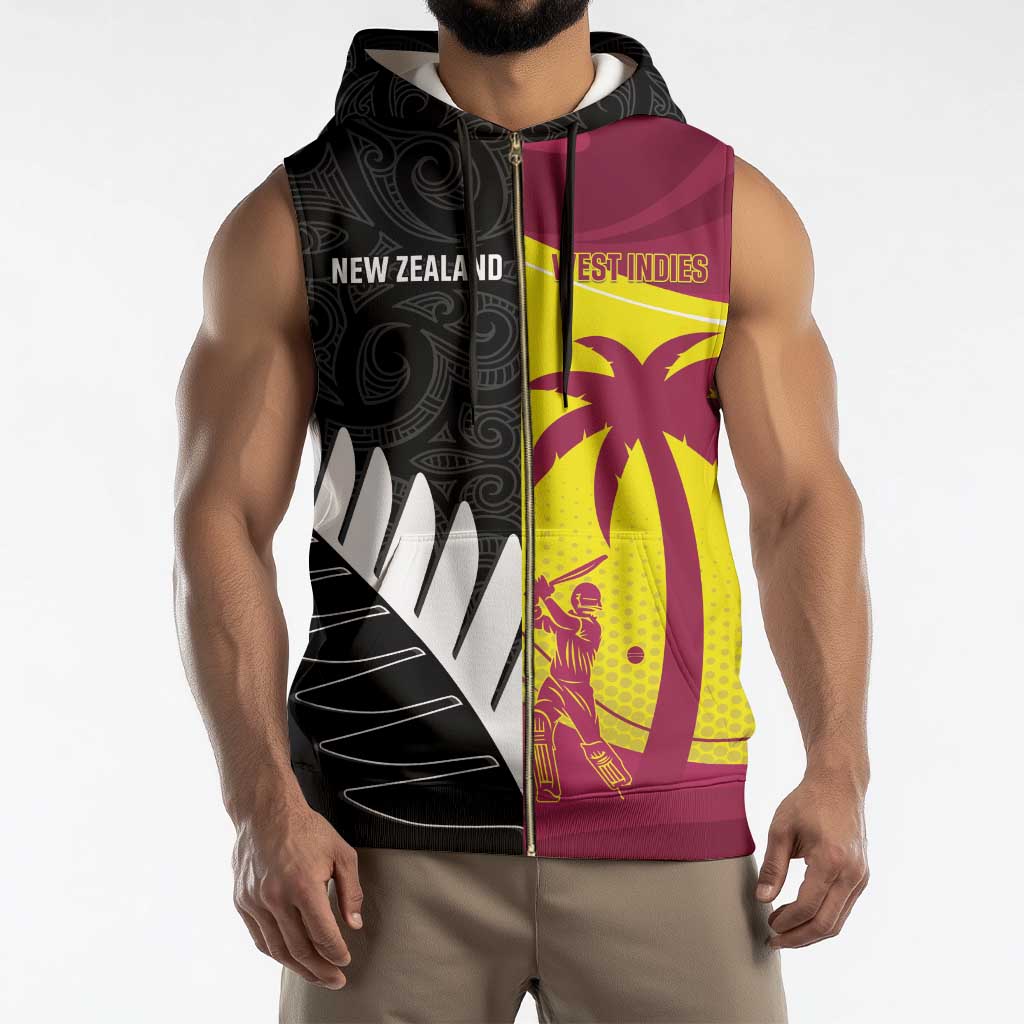 New Zealand and West Indies Cricket Custom Sleeveless Zip Hoodie Black Cap Windies Together - Aussie Hoodie