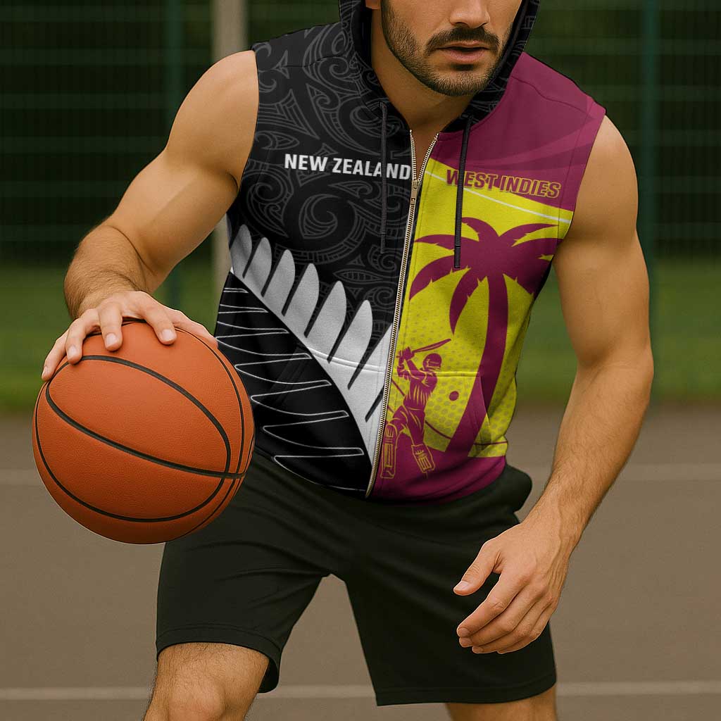 New Zealand and West Indies Cricket Custom Sleeveless Zip Hoodie Black Cap Windies Together - Aussie Hoodie