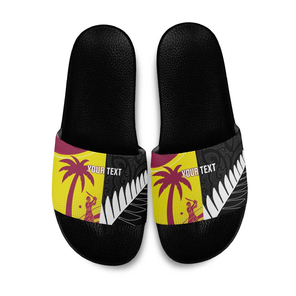New Zealand and West Indies Cricket Custom Slide Sandals Black Cap Windies Together - Aussie Hoodie