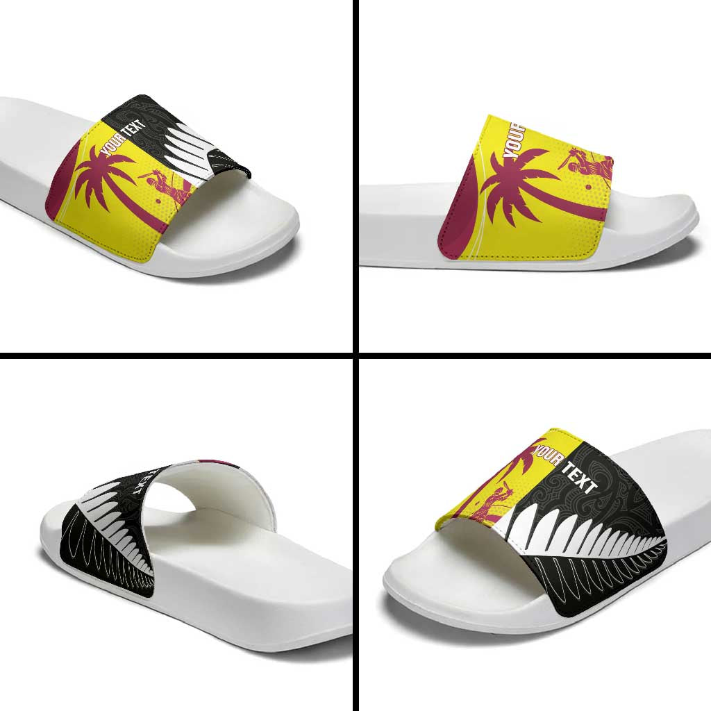 New Zealand and West Indies Cricket Custom Slide Sandals Black Cap Windies Together - Aussie Hoodie
