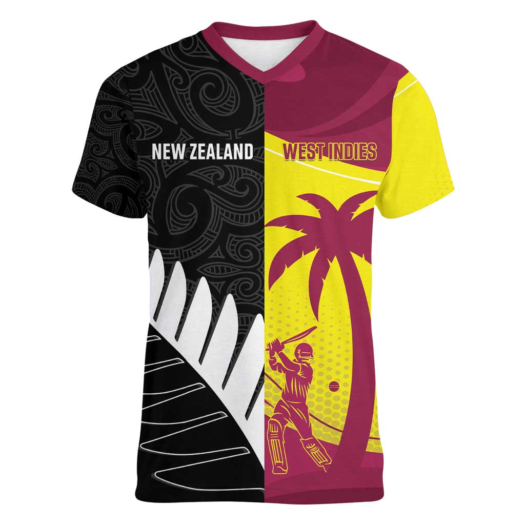 New Zealand and West Indies Cricket Custom Women V-Neck T-Shirt Black Cap Windies Together - Aussie Hoodie
