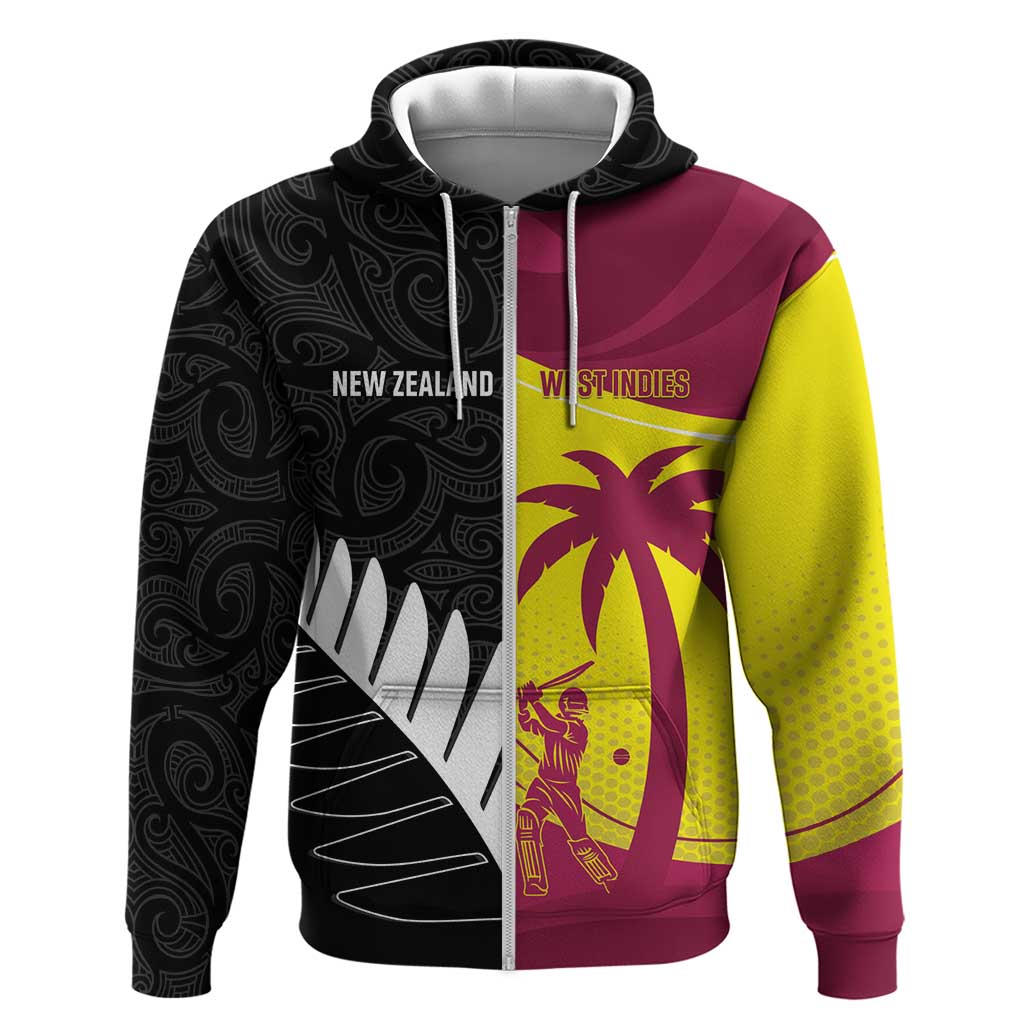 New Zealand and West Indies Cricket Custom Zip Hoodie Black Cap Windies Together - Aussie Hoodie