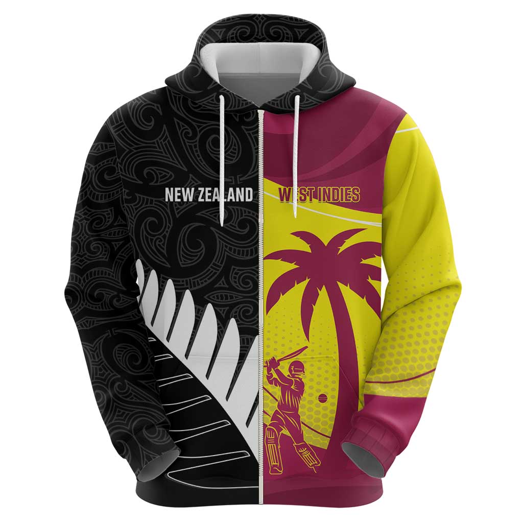 New Zealand and West Indies Cricket Custom Zip Hoodie Black Cap Windies Together - Aussie Hoodie
