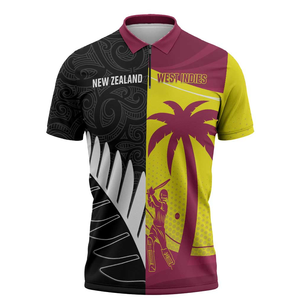 New Zealand and West Indies Cricket Custom Zipper Polo Shirt Black Cap Windies Together - Aussie Hoodie