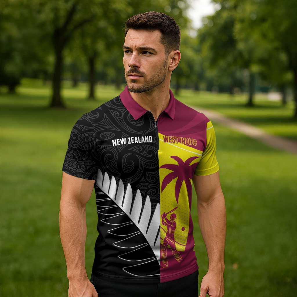 New Zealand and West Indies Cricket Custom Zipper Polo Shirt Black Cap Windies Together - Aussie Hoodie