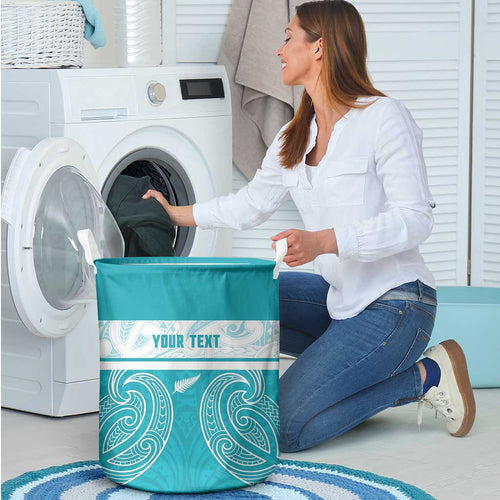 New Zealand Silver Fern Cricket Custom Laundry Basket Black Cap Teal Maori Pattern - Aussie Hoodie
