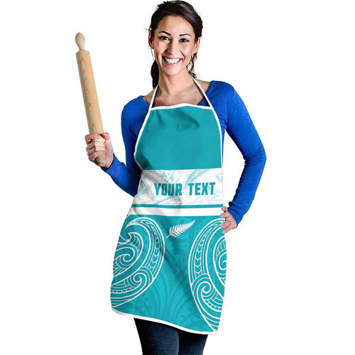 New Zealand Silver Fern Cricket Custom Apron Black Cap Teal Maori Pattern - Aussie Hoodie