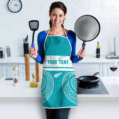 New Zealand Silver Fern Cricket Custom Apron Black Cap Teal Maori Pattern - Aussie Hoodie