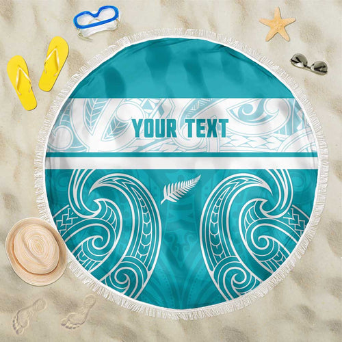 New Zealand Silver Fern Cricket Custom Beach Blanket Black Cap Teal Maori Pattern - Aussie Hoodie