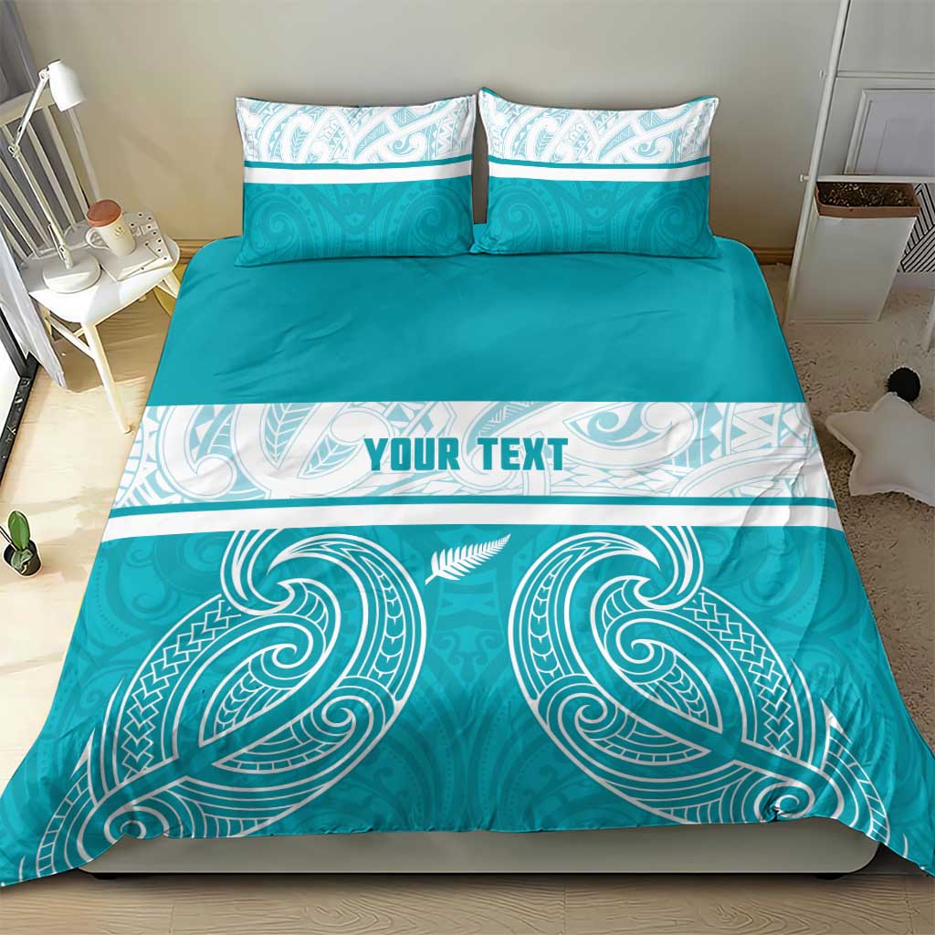 New Zealand Silver Fern Cricket Custom Bedding Set Black Cap Teal Maori Pattern - Aussie Hoodie