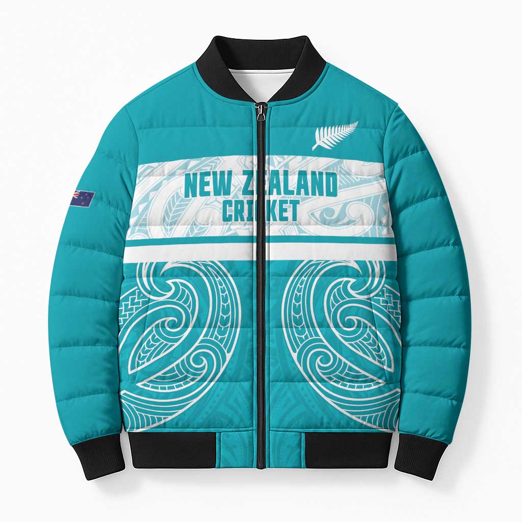 New Zealand Silver Fern Cricket Custom Bomber Puffer Jacket Black Cap Teal Maori Pattern - Aussie Hoodie
