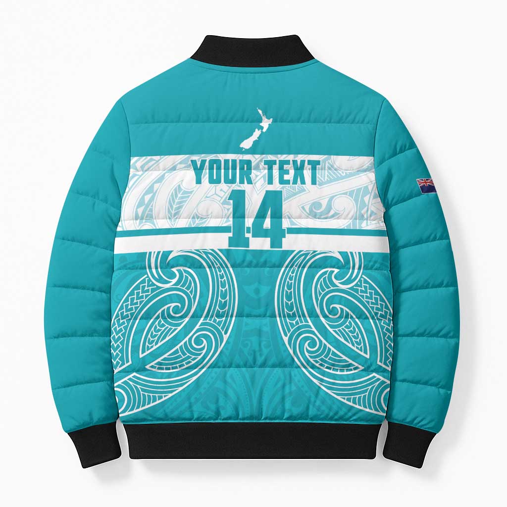 New Zealand Silver Fern Cricket Custom Bomber Puffer Jacket Black Cap Teal Maori Pattern - Aussie Hoodie