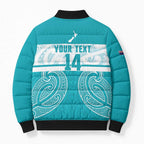 New Zealand Silver Fern Cricket Custom Bomber Puffer Jacket Black Cap Teal Maori Pattern - Aussie Hoodie