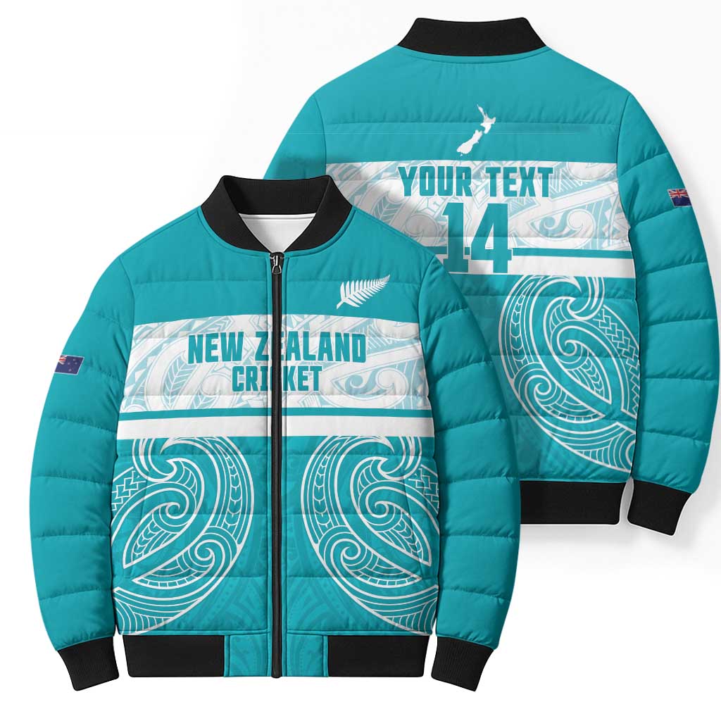 New Zealand Silver Fern Cricket Custom Bomber Puffer Jacket Black Cap Teal Maori Pattern - Aussie Hoodie
