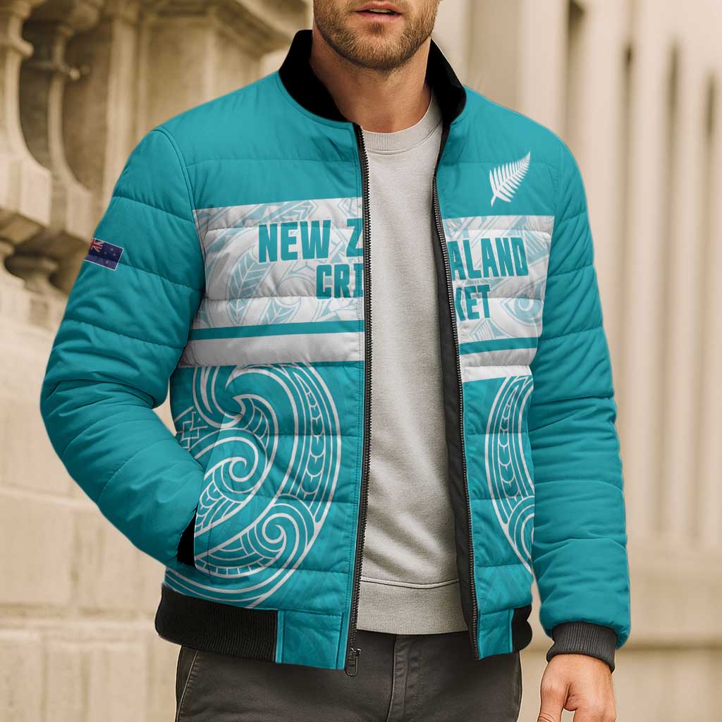 New Zealand Silver Fern Cricket Custom Bomber Puffer Jacket Black Cap Teal Maori Pattern - Aussie Hoodie