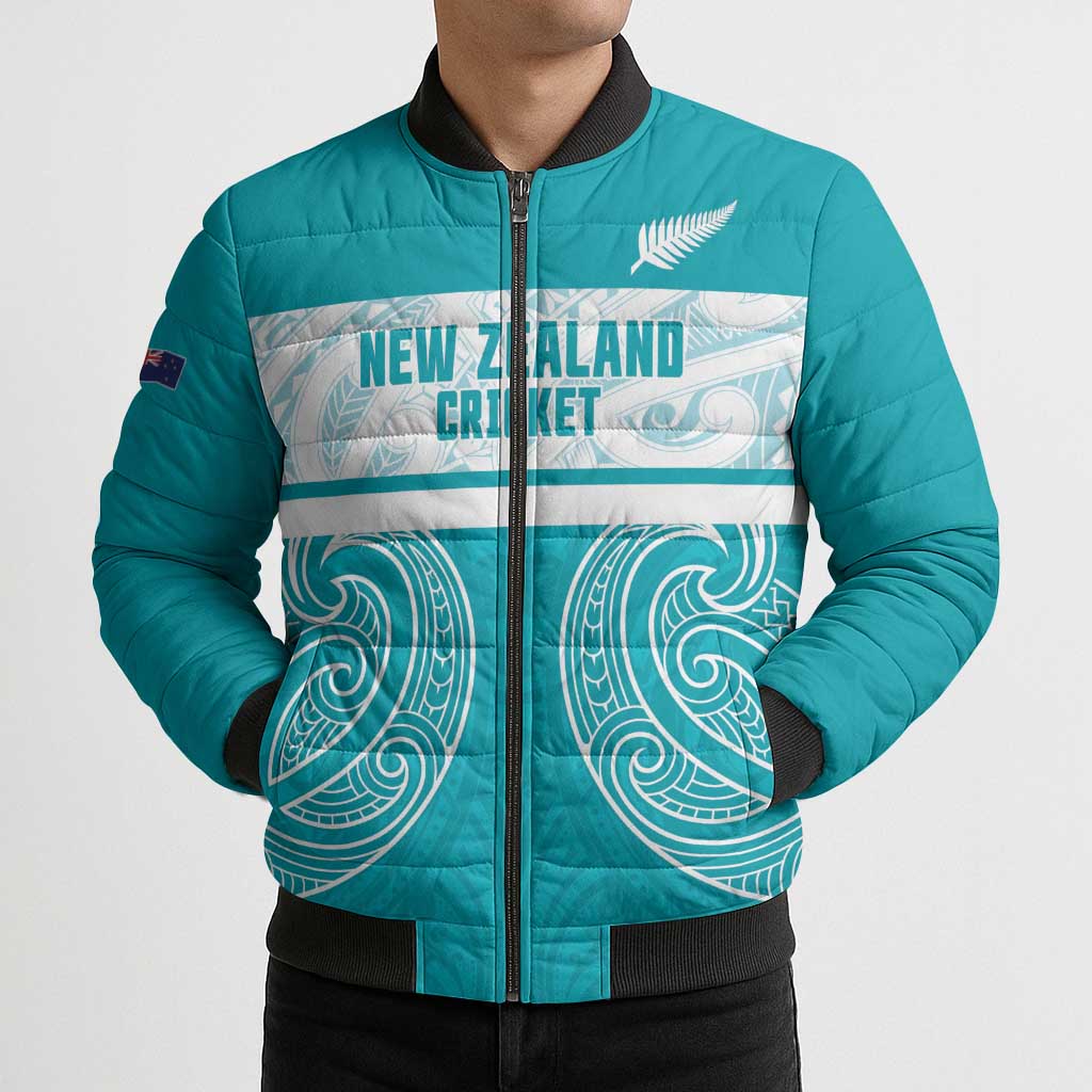 New Zealand Silver Fern Cricket Custom Bomber Puffer Jacket Black Cap Teal Maori Pattern - Aussie Hoodie