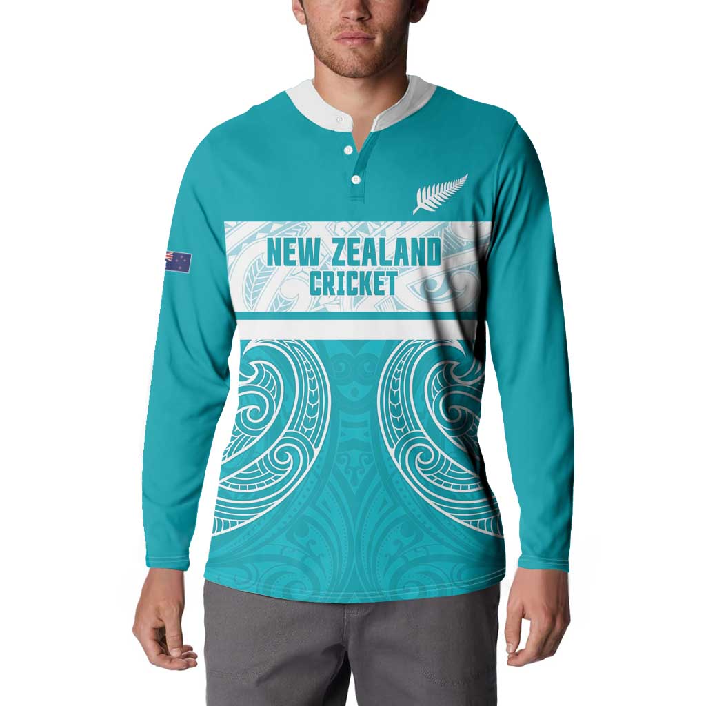 New Zealand Silver Fern Cricket Custom Button Sweatshirt Black Cap Teal Maori Pattern - Aussie Hoodie